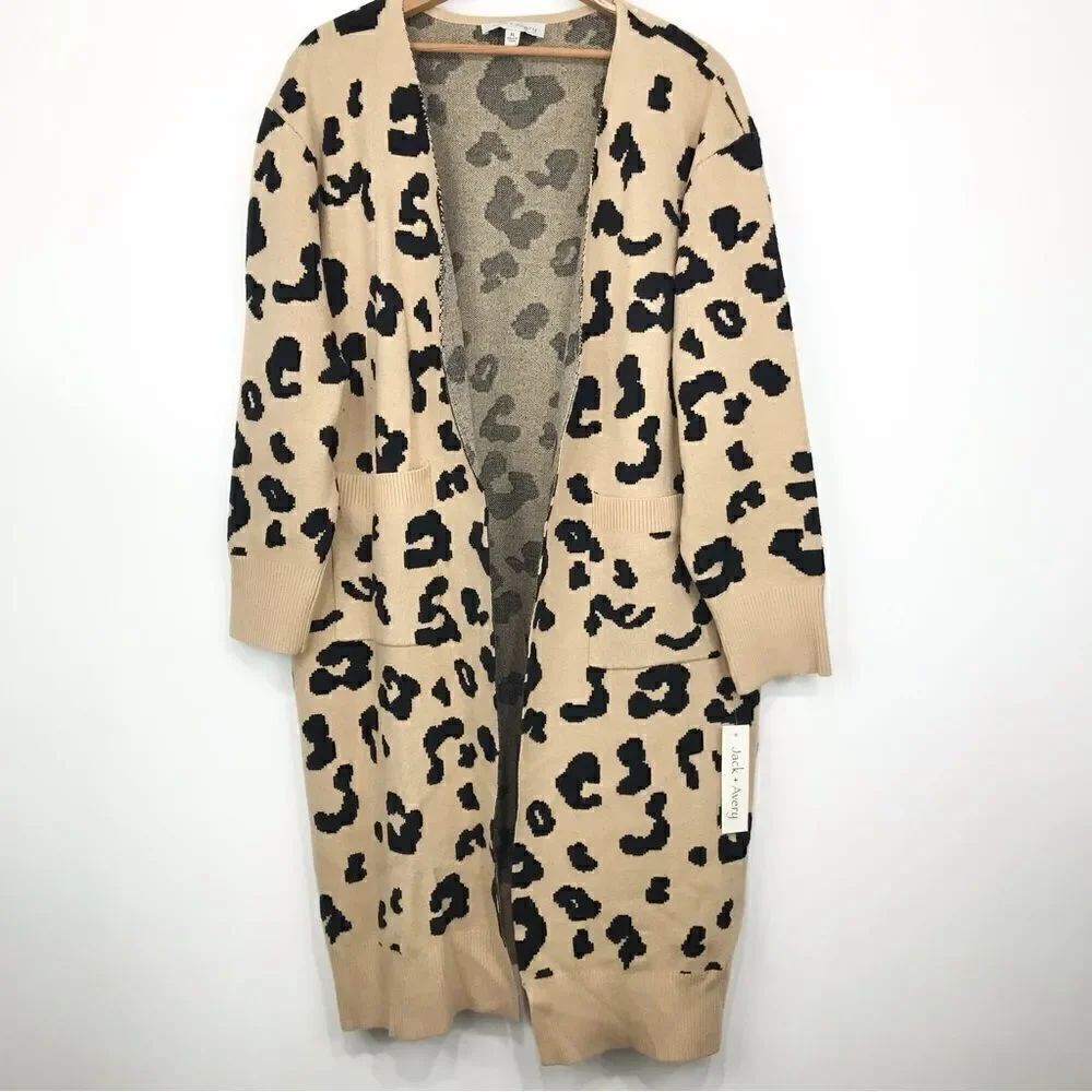 Jack and Avery Tan Cheetah Animal Print Long Open Front Knit Cardigan Sweater